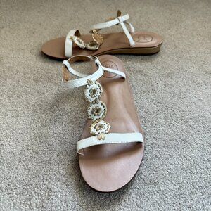 Jack Rogers Walsh Leather T-Strap Slingback Sandals, White & Gold, Size 10